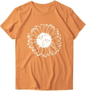 ZEFOTIM Sunflower Tops for Women 2024 Short Sleeve Crewneck Casual Summer Fashion Tops Shirts
