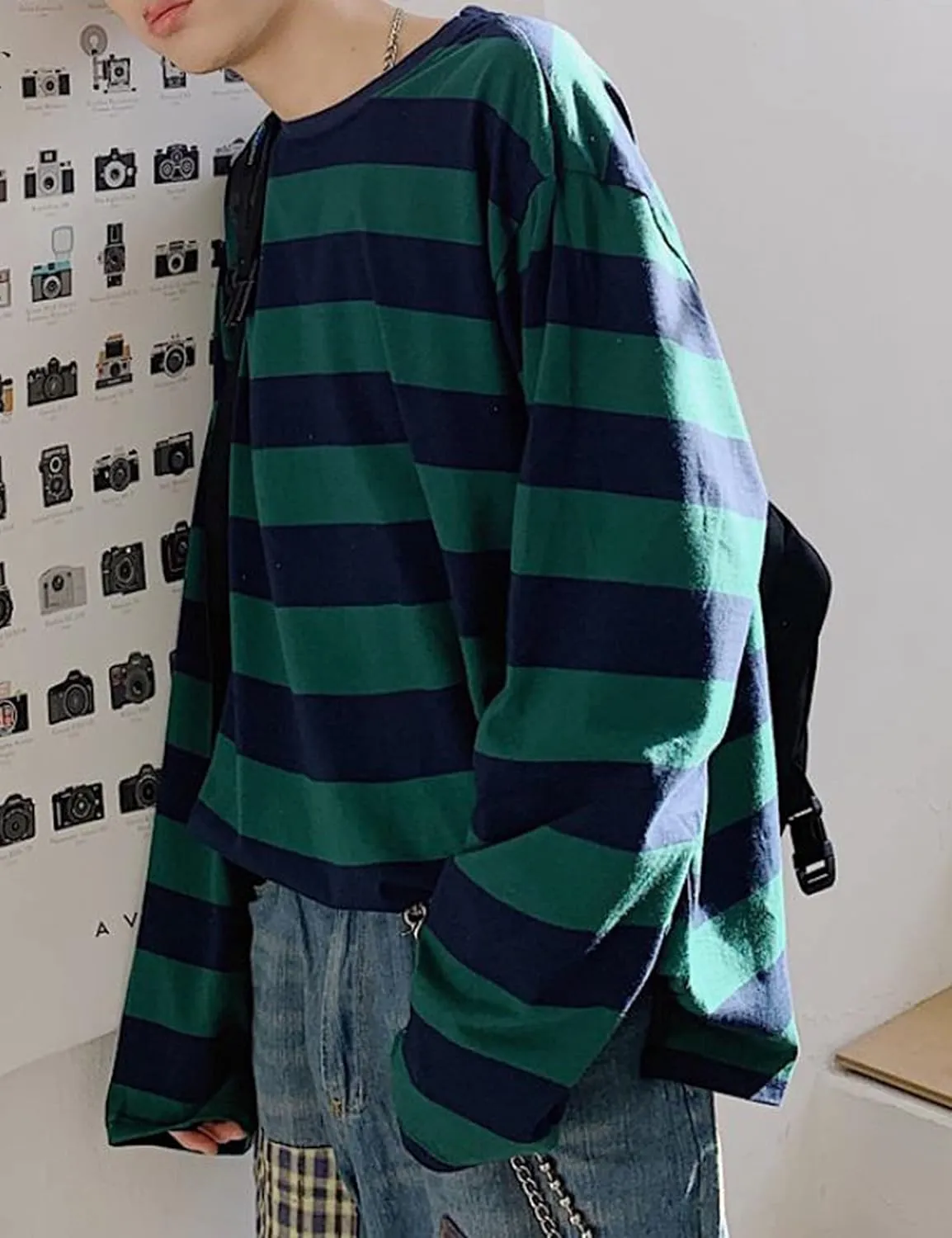 Zhiyouni Womens Stripe Shirt Oversized Casual Loose Long Sleeves Pullovers Couples Shirts Sweatshirt