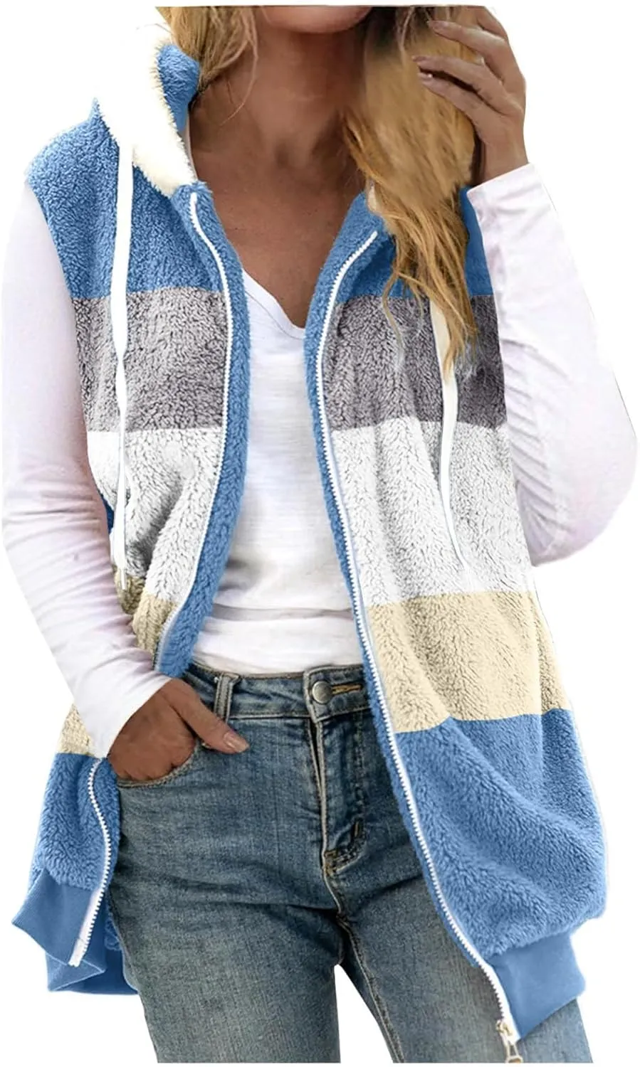 Zip Up Hoodie Vest Women Fuzzy Fleece Jacket Cozy Sleeveless Sweater Color Block Sweatshirt Coats Hooded Waistcoat