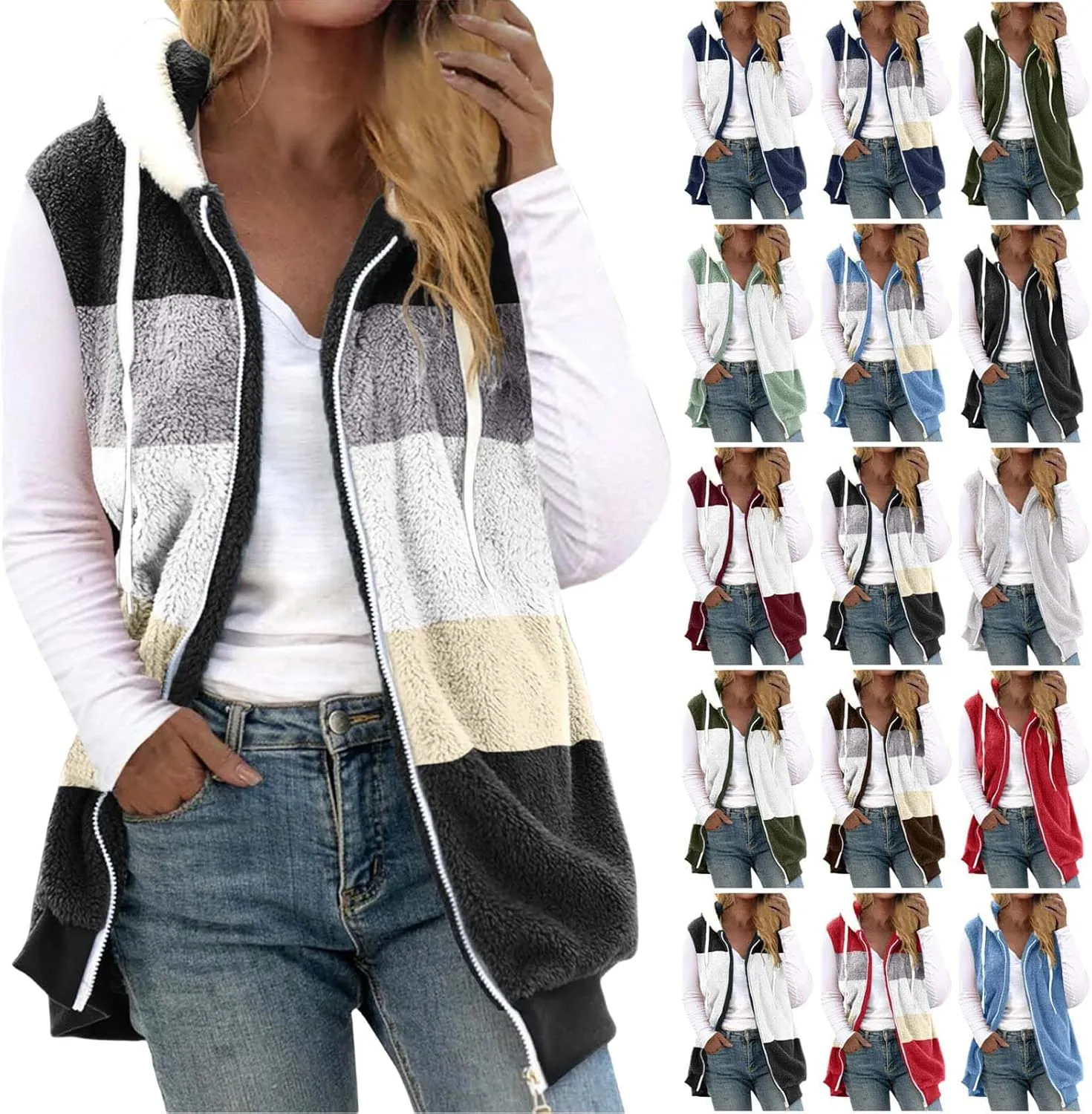 Zip Up Hoodie Vest Women Fuzzy Fleece Jacket Cozy Sleeveless Sweater Color Block Sweatshirt Coats Hooded Waistcoat