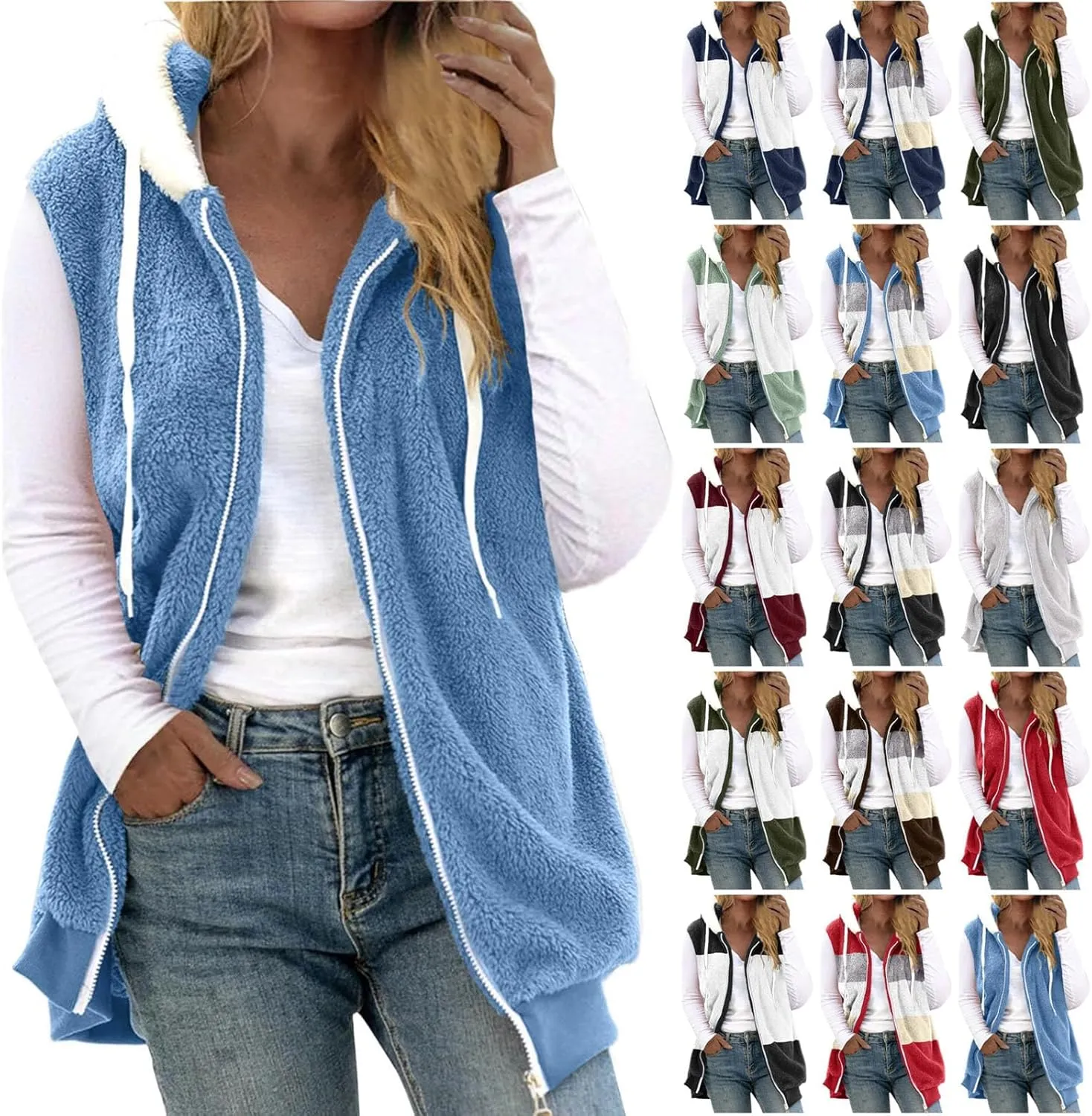 Zip Up Hoodie Vest Women Fuzzy Fleece Jacket Cozy Sleeveless Sweater Color Block Sweatshirt Coats Hooded Waistcoat