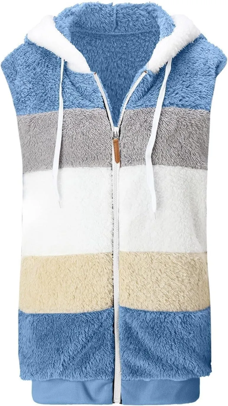 Zip Up Hoodie Vest Women Fuzzy Fleece Jacket Cozy Sleeveless Sweater Color Block Sweatshirt Coats Hooded Waistcoat