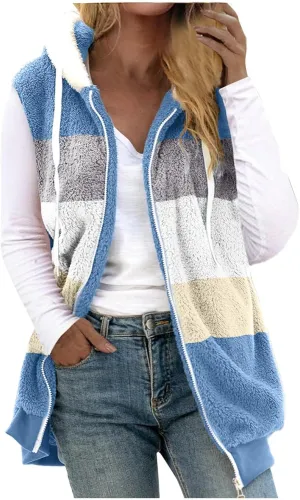 Zip Up Hoodie Vest Women Fuzzy Fleece Jacket Cozy Sleeveless Sweater Color Block Sweatshirt Coats Hooded Waistcoat