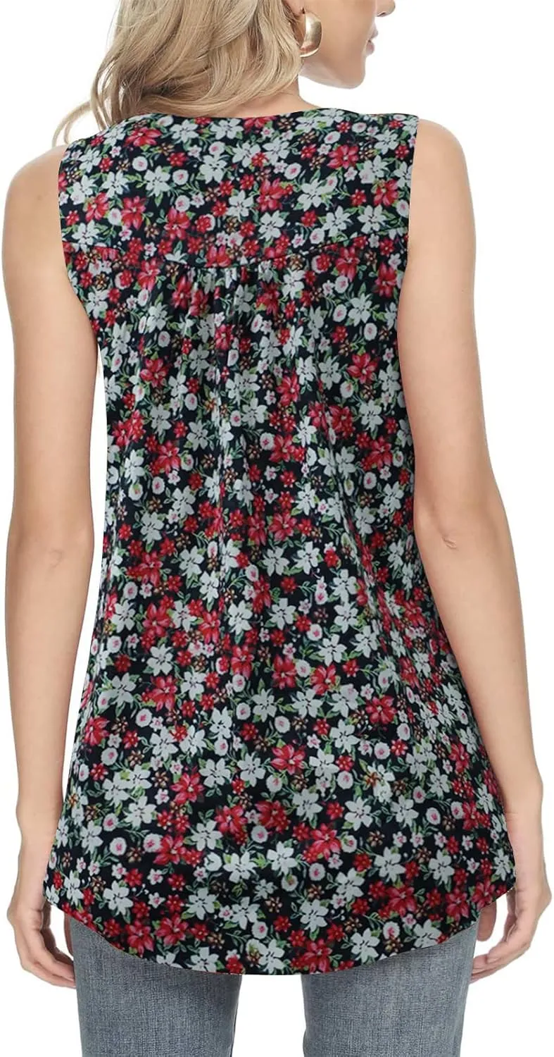 Zyyfly Womens Tank Tops Loose Fit Summer Henley Shirts Pleated Flowy Sleeveless Tunic Tops