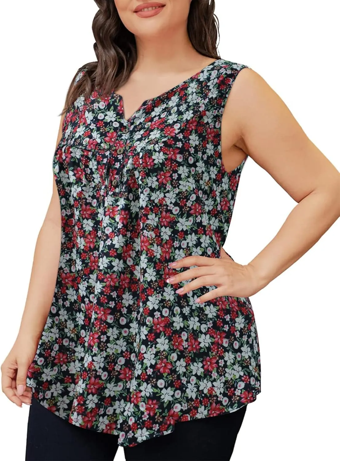 Zyyfly Womens Tank Tops Loose Fit Summer Henley Shirts Pleated Flowy Sleeveless Tunic Tops