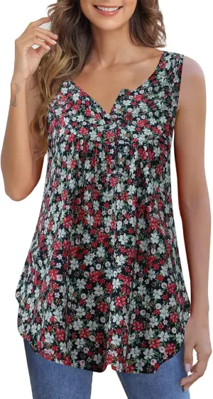 Zyyfly Womens Tank Tops Loose Fit Summer Henley Shirts Pleated Flowy Sleeveless Tunic Tops